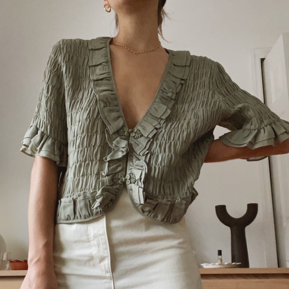 Reformation Ruffle green top